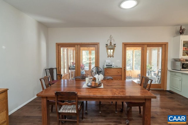 dining room featuring french doors, a healthy amount of sunlight, and dark hardwood / wood-style flooring