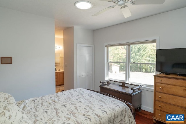 bedroom featuring a closet, ceiling fan, connected bathroom, and dark hardwood / wood-style floors