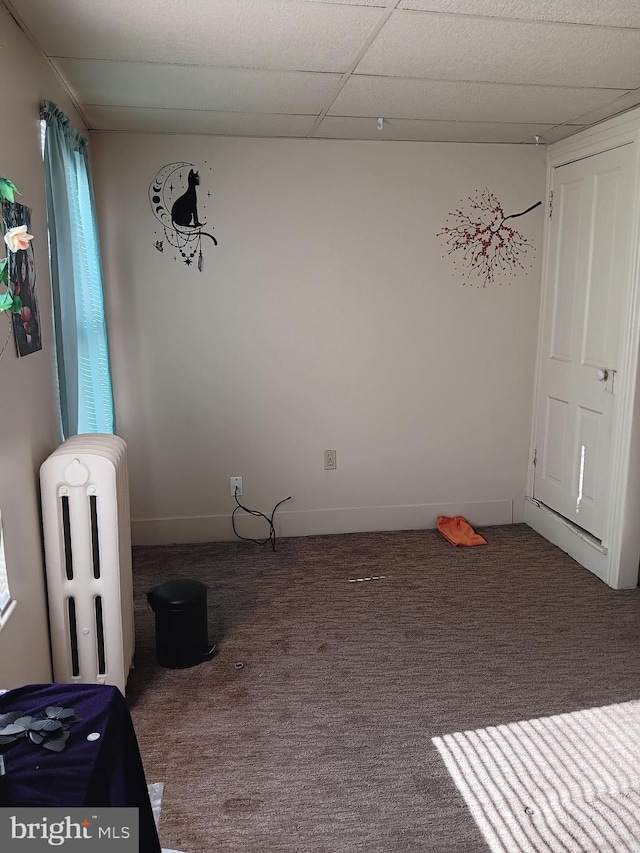 empty room with radiator heating unit, a drop ceiling, and carpet floors