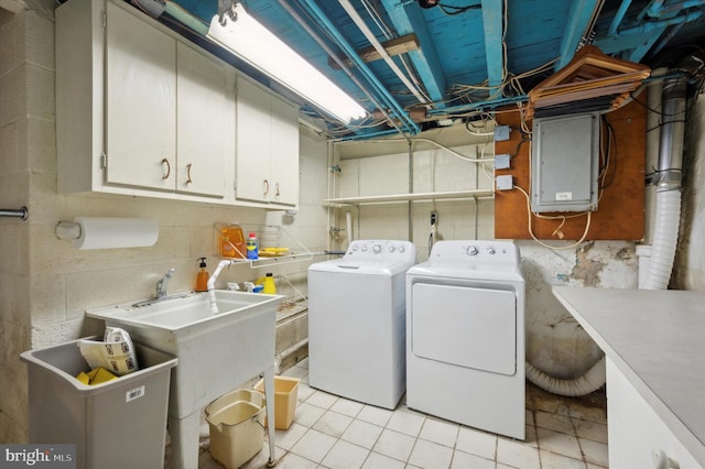 laundry room with cabinets, electric panel, and washing machine and dryer