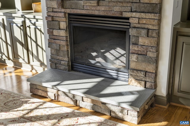 details featuring a stone fireplace and wood-type flooring