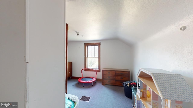 bonus room featuring lofted ceiling, carpet floors, and a textured ceiling