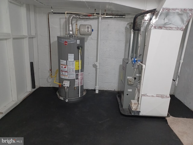 utility room featuring heating unit and water heater