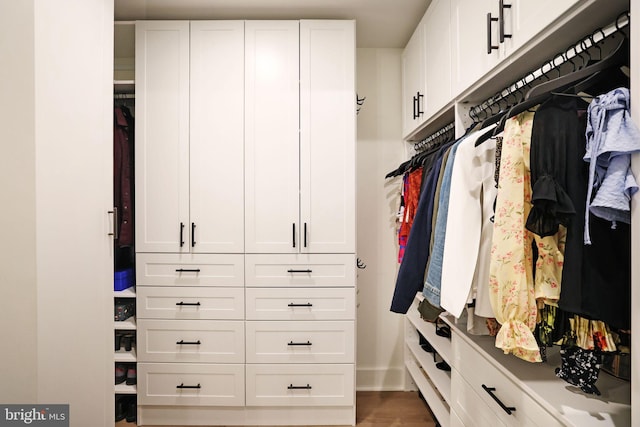 walk in closet featuring dark wood-type flooring