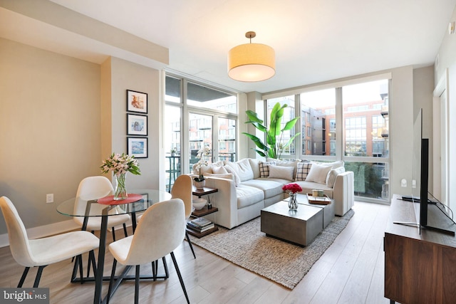 living room with light hardwood / wood-style floors and floor to ceiling windows