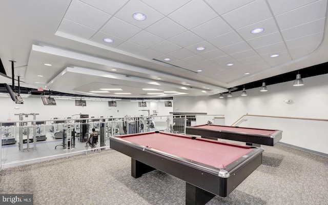 rec room featuring billiards, recessed lighting, baseboards, and carpet floors