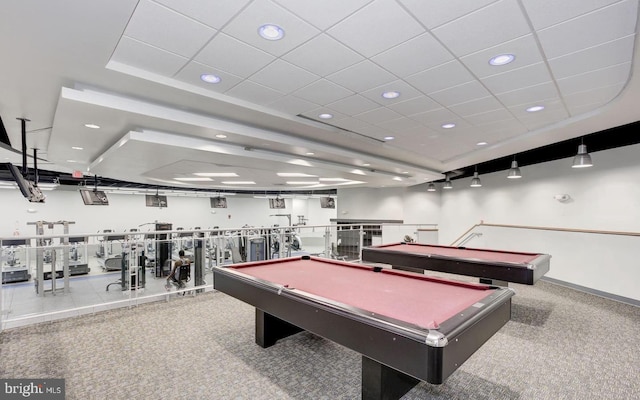 recreation room featuring pool table, a paneled ceiling, and carpet flooring