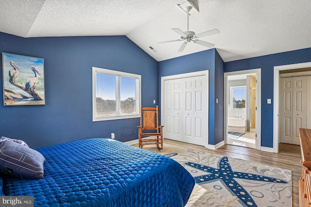 bedroom with multiple windows, wood-type flooring, lofted ceiling, and ceiling fan