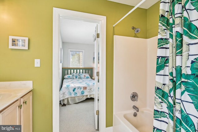 bathroom with vanity and shower / bathtub combination with curtain