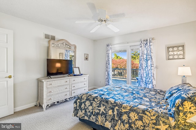 bedroom with ceiling fan, carpet flooring, and access to outside