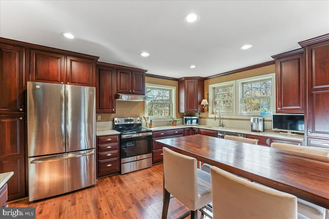 kitchen featuring light hardwood / wood-style floors, stainless steel appliances, ornamental molding, and sink