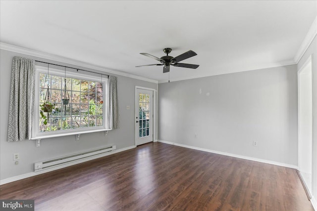 unfurnished room with ceiling fan, crown molding, a baseboard radiator, and dark hardwood / wood-style flooring