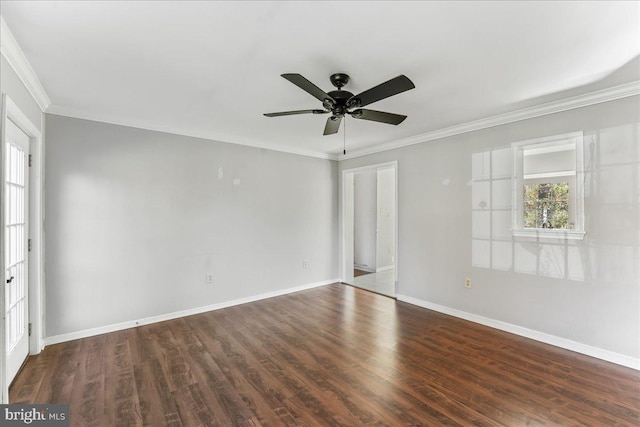 unfurnished room with dark wood-type flooring, ceiling fan, and ornamental molding