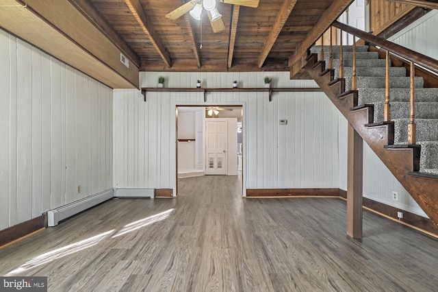 empty room featuring dark hardwood / wood-style floors, beam ceiling, wooden walls, and wooden ceiling