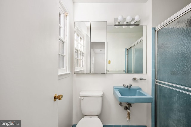 bathroom with sink, a shower with door, and toilet