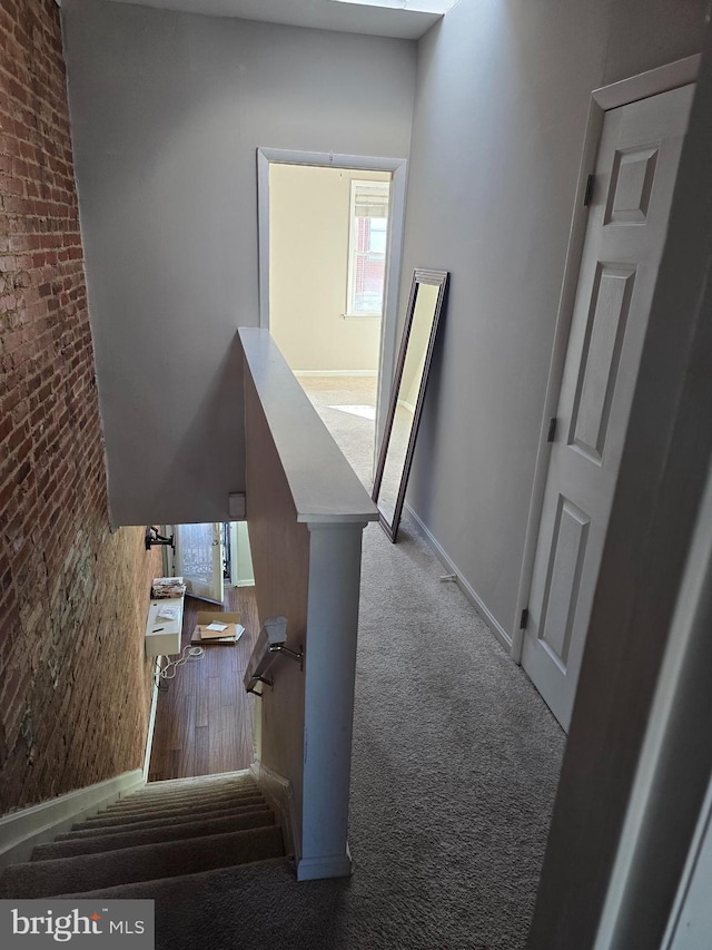 stairway with a wealth of natural light, carpet flooring, and brick wall