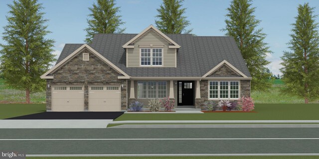 view of front of property featuring a front lawn, stone siding, a garage, and driveway