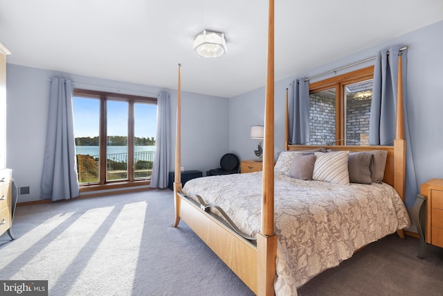 bedroom featuring a water view and light carpet