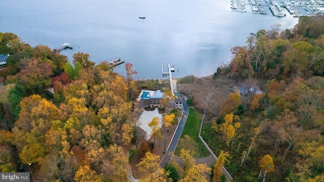 drone / aerial view featuring a water view