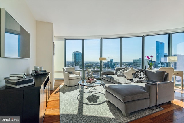 living room featuring a wall of windows and hardwood / wood-style floors