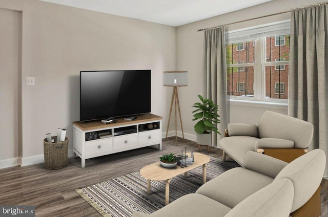 living room with dark hardwood / wood-style flooring