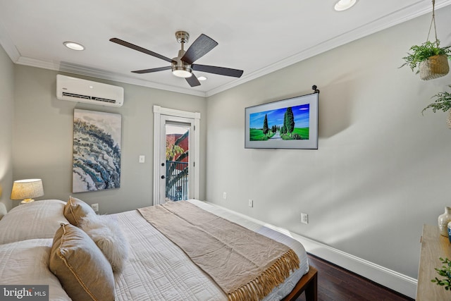 bedroom featuring a wall mounted AC, hardwood / wood-style flooring, access to outside, crown molding, and ceiling fan