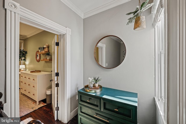 bathroom with vanity, ornamental molding, and hardwood / wood-style flooring