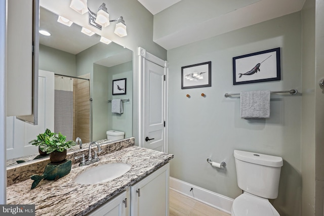 bathroom featuring vanity, toilet, and a shower with curtain