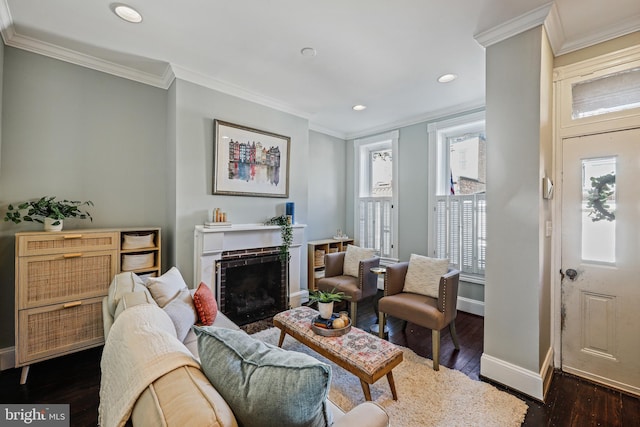 living room featuring crown molding and dark hardwood / wood-style floors