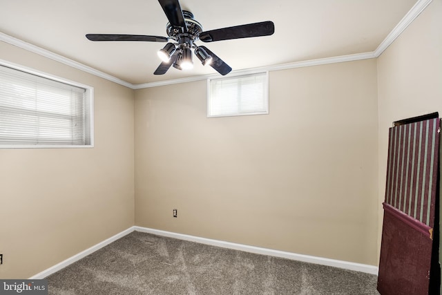 unfurnished room featuring crown molding, carpet flooring, and ceiling fan