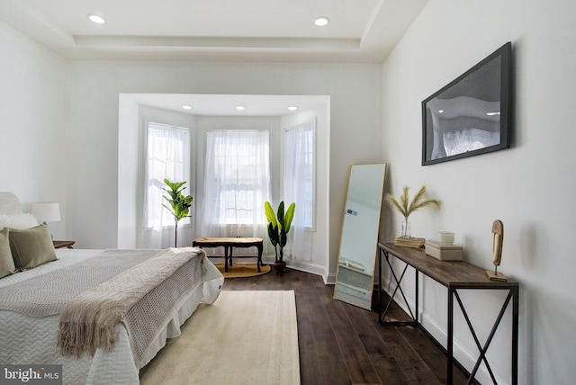 bedroom featuring dark wood-type flooring and a raised ceiling