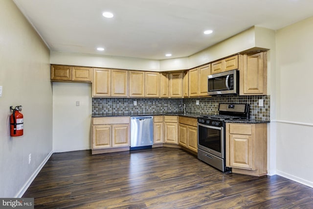 kitchen with tasteful backsplash, appliances with stainless steel finishes, sink, and dark hardwood / wood-style floors