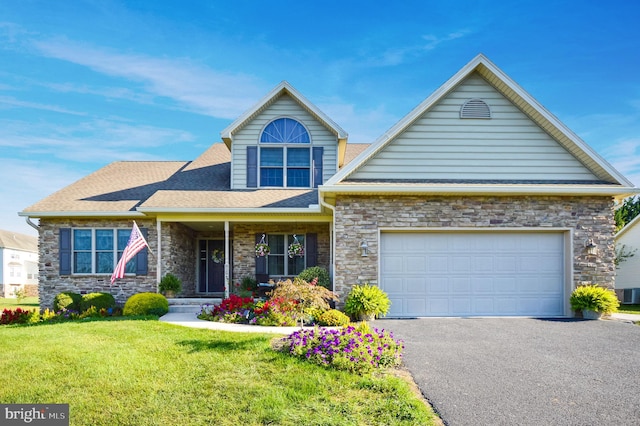 view of front of property with a front lawn and a garage