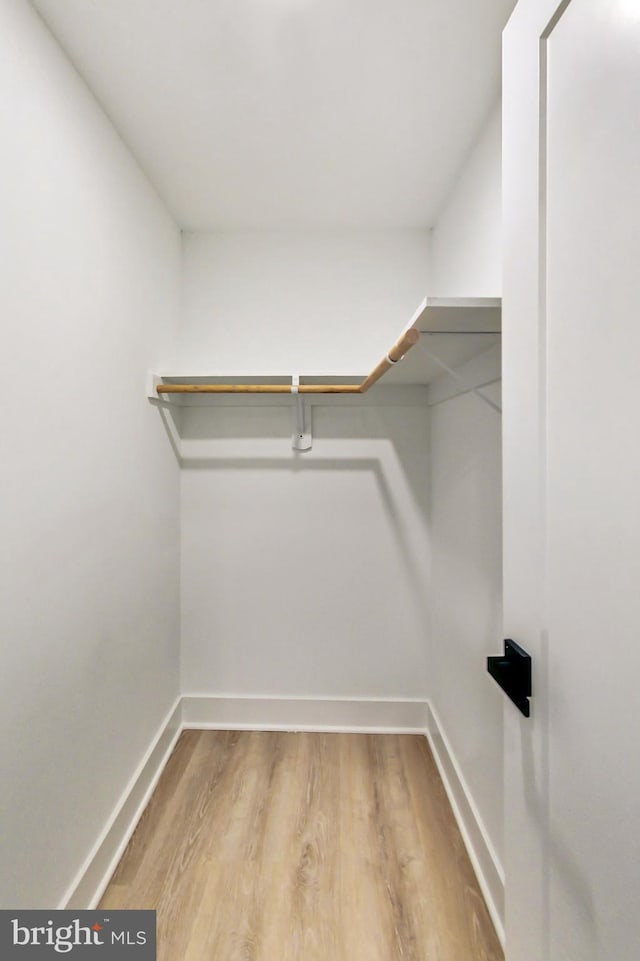 walk in closet with light hardwood / wood-style floors