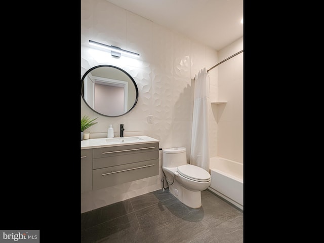 full bathroom with vanity, tile patterned floors, toilet, and shower / bathtub combination with curtain