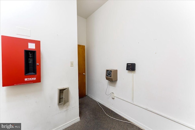 laundry area with dark colored carpet