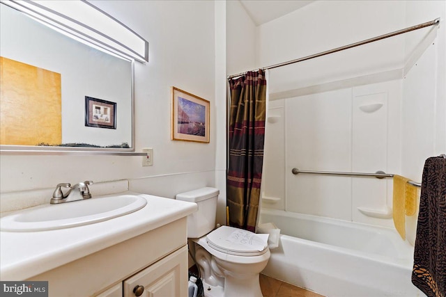 full bathroom featuring vanity, toilet, shower / bathtub combination with curtain, and tile patterned flooring