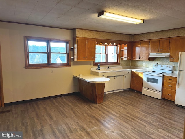 kitchen featuring white appliances, tasteful backsplash, kitchen peninsula, crown molding, and dark hardwood / wood-style floors