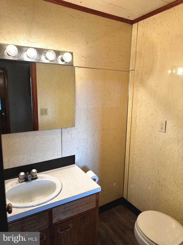 bathroom featuring vanity, toilet, hardwood / wood-style flooring, and ornamental molding