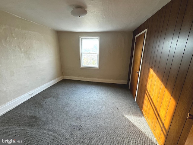 empty room featuring carpet floors and wooden walls