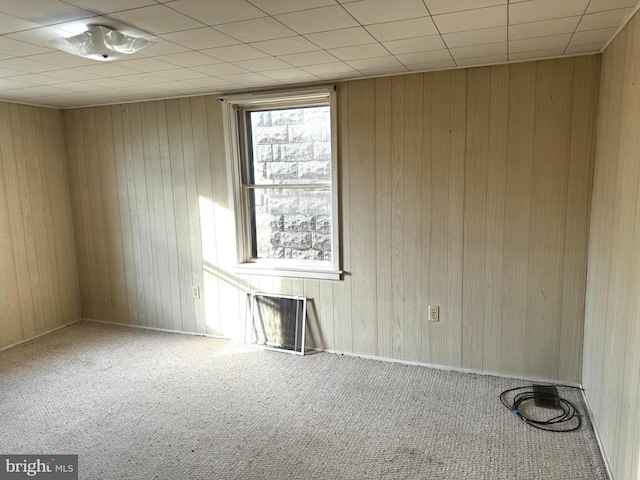 carpeted spare room featuring wood walls