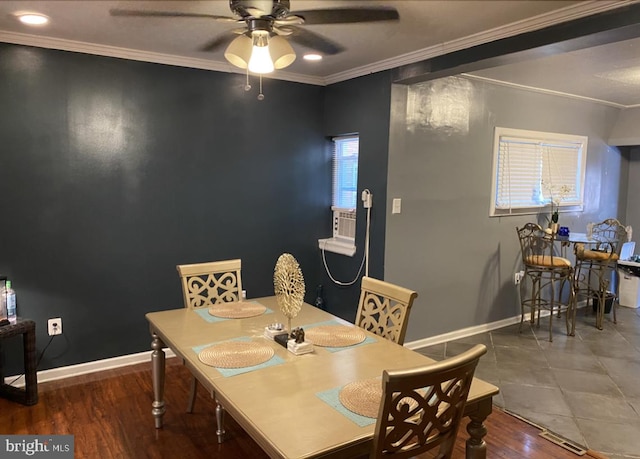 dining space featuring ornamental molding, dark hardwood / wood-style floors, and ceiling fan