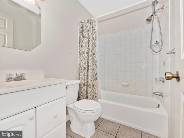 full bathroom with vanity, toilet, tile patterned flooring, and shower / tub combo with curtain