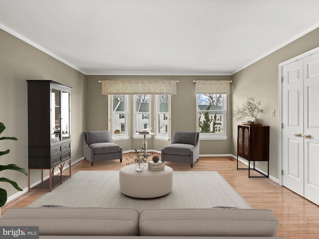 living room featuring crown molding and light hardwood / wood-style flooring