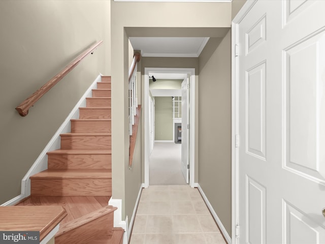 stairway with carpet flooring and ornamental molding