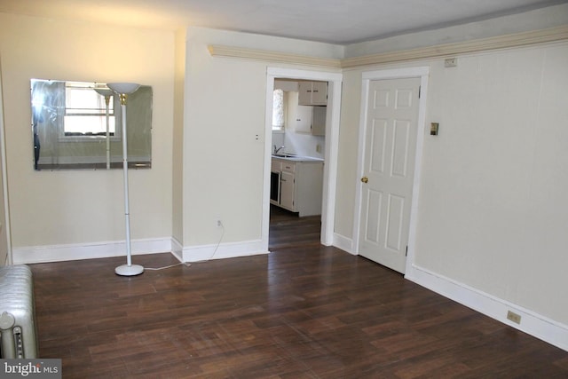 spare room with dark hardwood / wood-style flooring, radiator heating unit, and sink