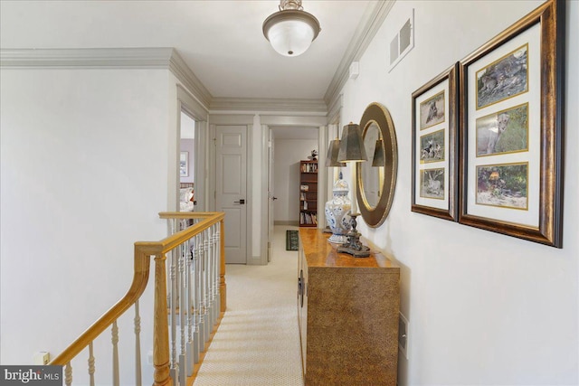 corridor with ornamental molding and light carpet