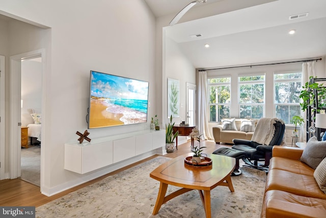 living room featuring high vaulted ceiling and light hardwood / wood-style flooring