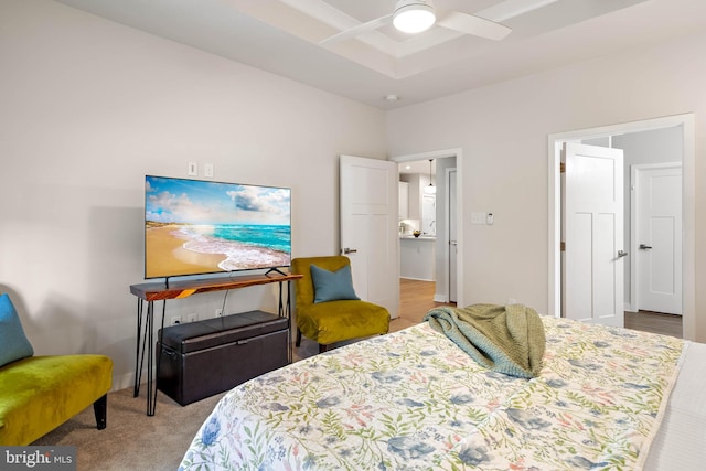 bedroom featuring ceiling fan and carpet