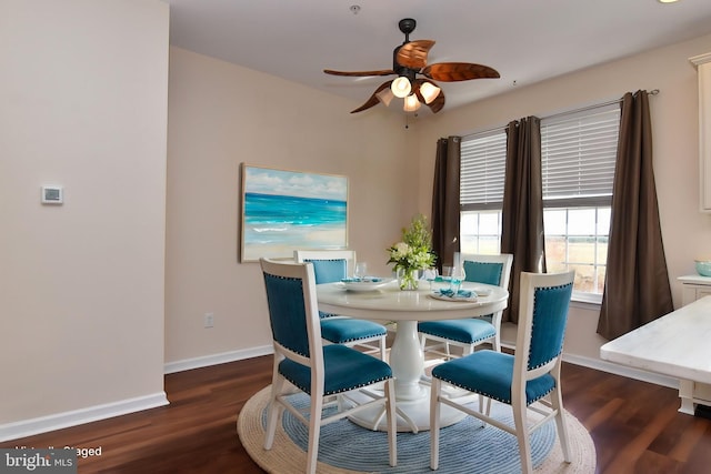 dining room with dark hardwood / wood-style floors and ceiling fan